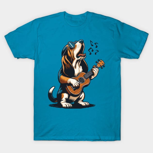 Dog Playing Guitar Singing Basset Hound Funny T-Shirt by BraaiNinja